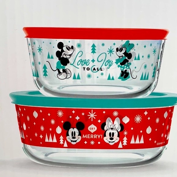 NIB Pyrex Disney Christmas Mickey & Minnie Mouse Decorated Glass Containers - Picture 2 of 10